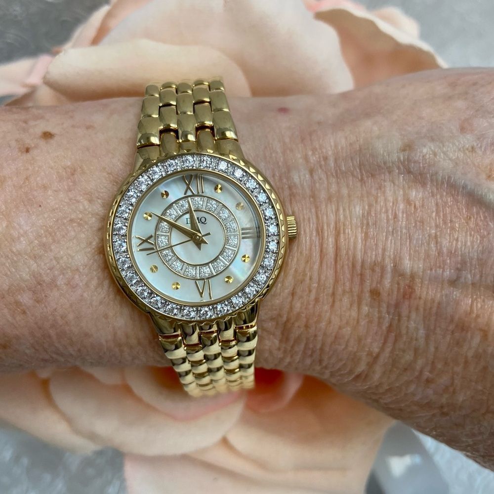 DMQ Diamonique CZ Bezel Mother of Pearl Dial Gold-Tone Dress Watch - Picture 8 of 16